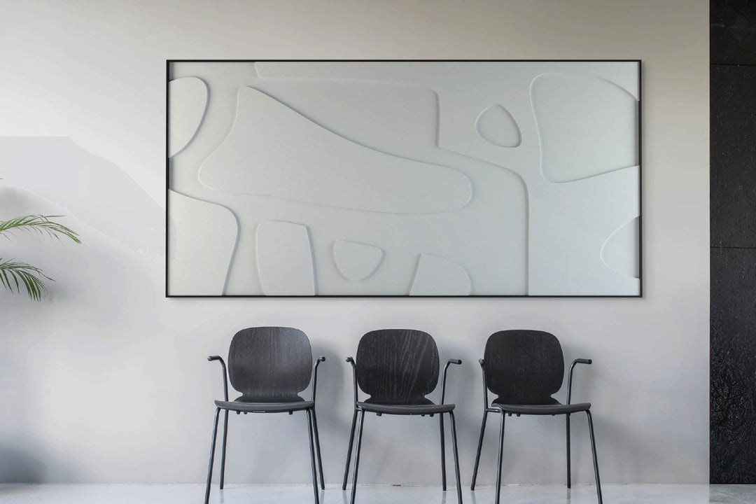 akoestisch schilderij | akoestisch kunstwerk | gebroken wit | 3D | Bone | Pet vilt | liggend | rechthoekig | stoelen