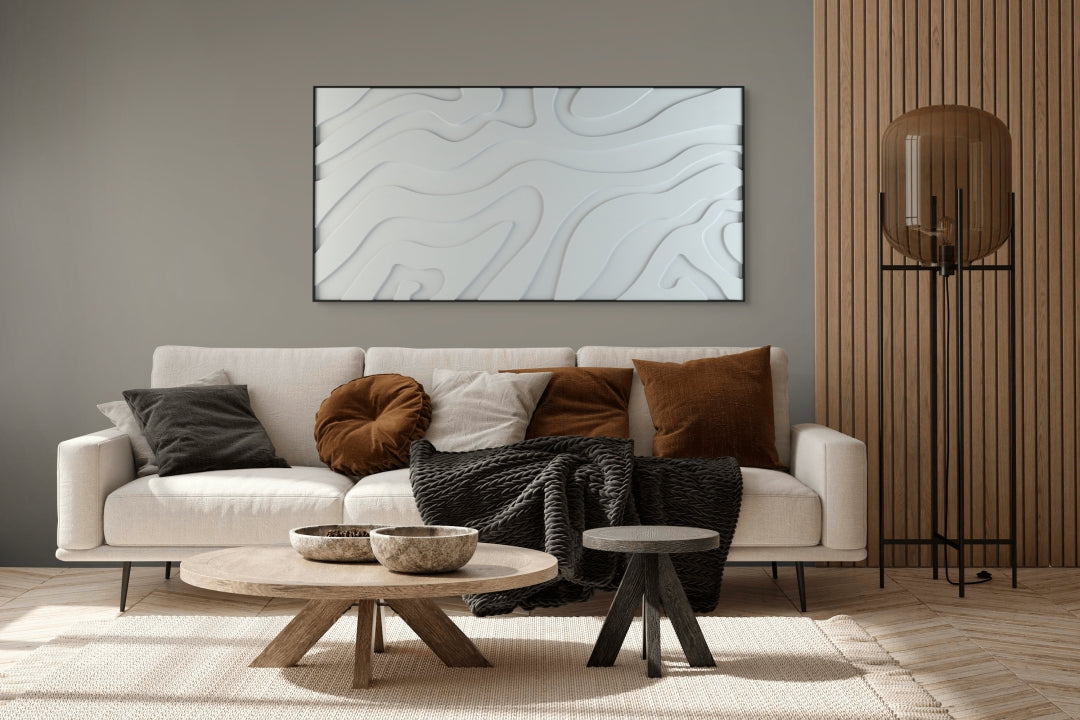 akoestisch schilderij | akoestisch kunstwerk | gebroken wit | 3D | Lava | Pet vilt  | liggend | rechthoekig | moderne woonkamer