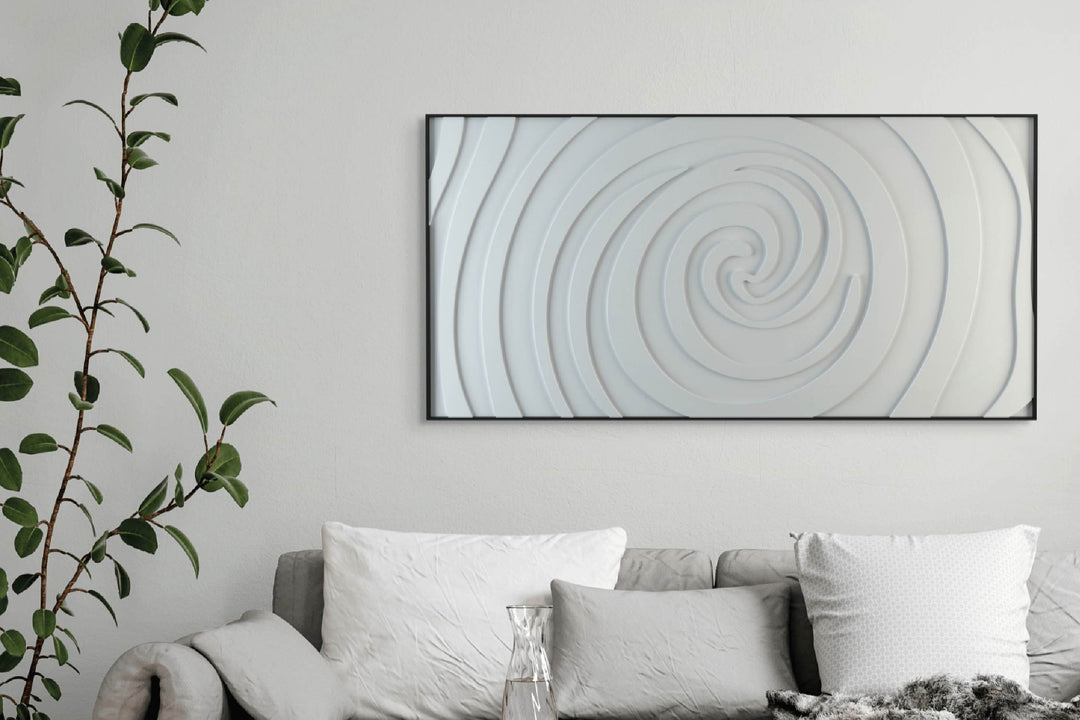 akoestisch schilderij | akoestisch kunstwerk | gebroken wit | 3D | Swirl | Pet vilt | liggend | rechthoekig | woonkamer | bank