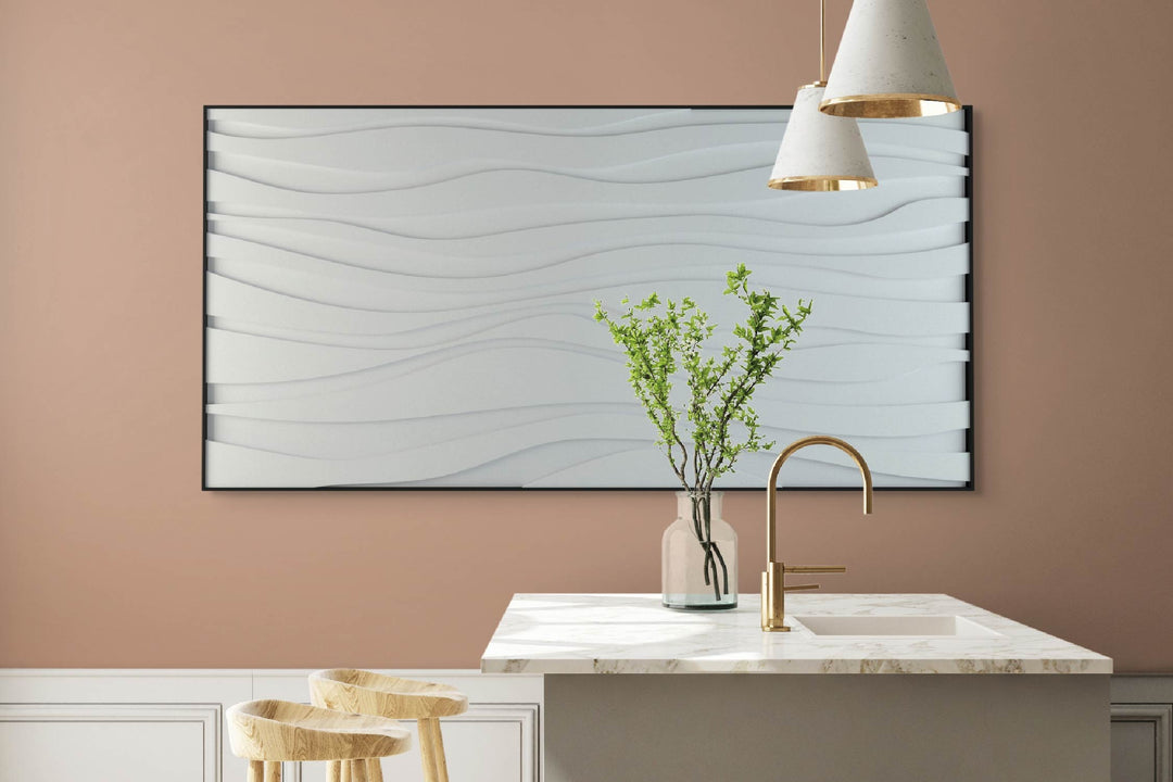 akoestisch schilderij | akoestisch kunstwerk | gebroken wit | 3D | Zebra | Pet vilt | liggend | rechthoekig | moderne keuken