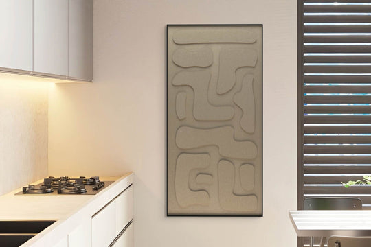 akoestisch schilderij | akoestisch kunstwerk | zand | 3D | Hieroglyph | Pet vilt | staand | keuken