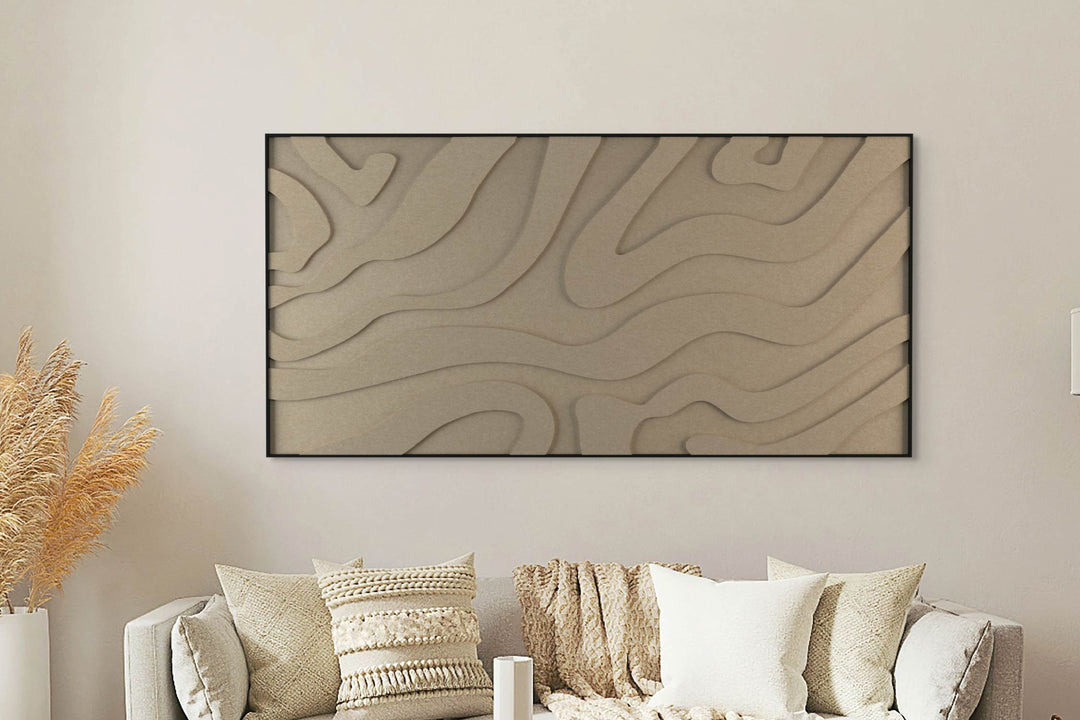 akoestisch schilderij | akoestisch kunstwerk | zand | 3D | Lava | Pet vilt | liggend | rechthoekig | woonkamer