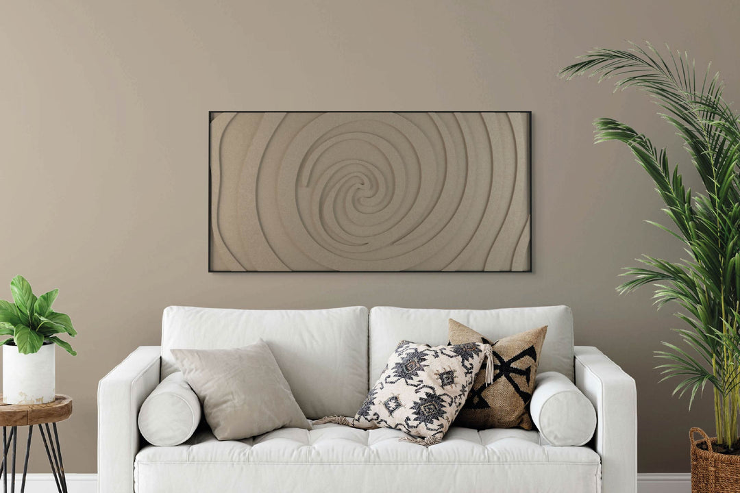 akoestisch schilderij | akoestisch kunstwerk | zand | 3D | Swirl | Pet vilt | liggend | rechthoekig | woonkamer | bank