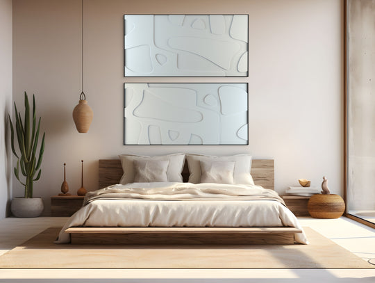 akoestisch schilderij | akoestisch kunstwerk | gebroken wit | 3D | Bone | Pet vilt | twee | twin | liggend | rechthoekig | slaapkamer