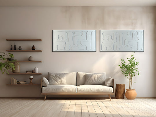 akoestisch schilderij | akoestisch kunstwerk | gebroken wit | 3D | Hieroglyph | Pet vilt | twee | twin | liggend | woonkamer