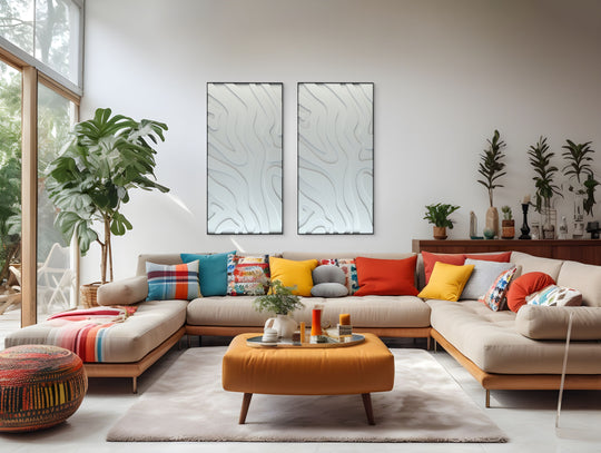 akoestisch schilderij | akoestisch kunstwerk | gebroken wit | 3D | Lava | Pet vilt | twee | twin | staand | rechthoekig | kleurrijke woonkamer