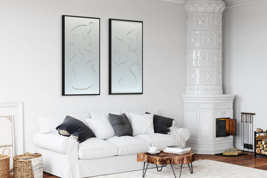 akoestisch schilderij | akoestisch kunstwerk | gebroken wit | 3D | Steam | Pet vilt | twee | twin | staand | rechthoekig | klassieke woonkamer