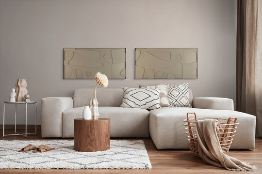 akoestisch schilderij | akoestisch kunstwerk | zand | 3D | Bone | Pet vilt | twee | twin | liggend | rechthoekig | moderne woonkamer