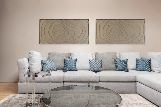 akoestisch schilderij | akoestisch kunstwerk | zand | 3D | Eye | Pet vilt | twee | twin | liggend | woonkamer