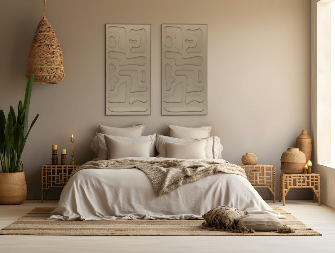 akoestisch schilderij | akoestisch kunstwerk | zand | 3D | Hieroglyph | Pet vilt | twee | twin | staand | slaapkamer