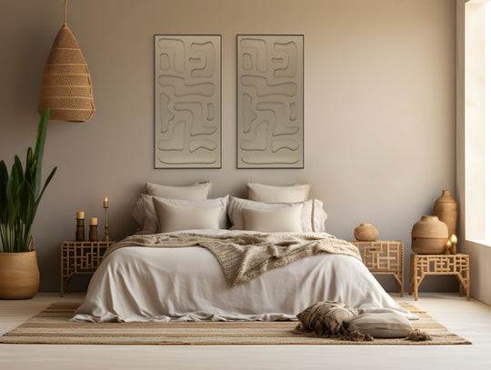 akoestisch schilderij | akoestisch kunstwerk | zand | 3D | Hieroglyph | Pet vilt | twee | twin | staand | slaapkamer