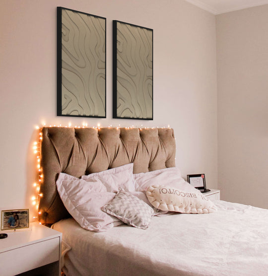 akoestisch schilderij | akoestisch kunstwerk | zand | 3D | Lava | Pet vilt | twee | twin | staand | rechthoekig | slaapkamer