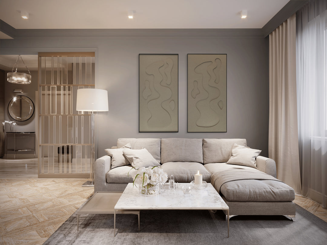 akoestisch schilderij | akoestisch kunstwerk | zand | 3D | Steam | Pet vilt | twee | twin | staand | rechthoekig | moderne woonkamer