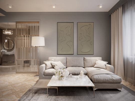 akoestisch schilderij | akoestisch kunstwerk | zand | 3D | Steam | Pet vilt | twee | twin | staand | rechthoekig | moderne woonkamer