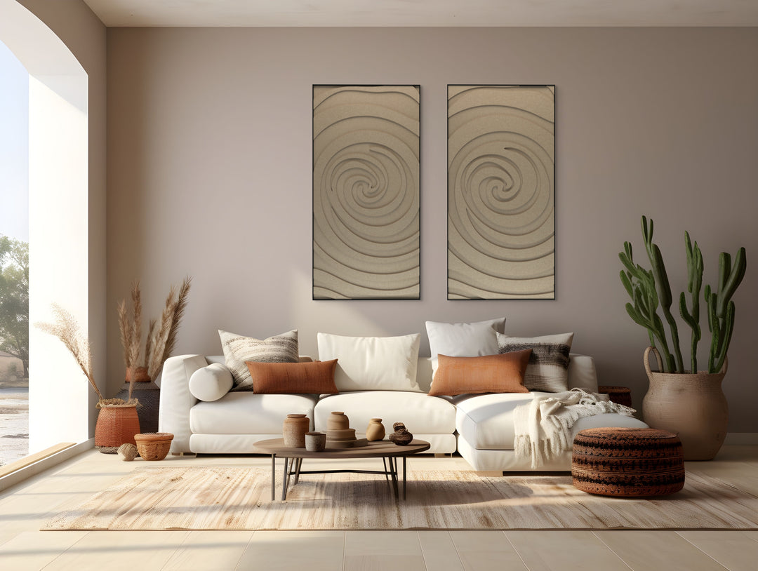 akoestisch schilderij | akoestisch kunstwerk | zand | 3D | Swirl | Pet vilt | twee | twin | staand | rechthoekig | woonkamer