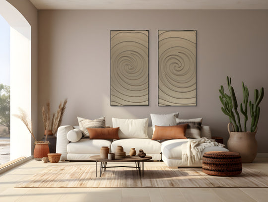 akoestisch schilderij | akoestisch kunstwerk | zand | 3D | Swirl | Pet vilt | twee | twin | staand | rechthoekig | woonkamer