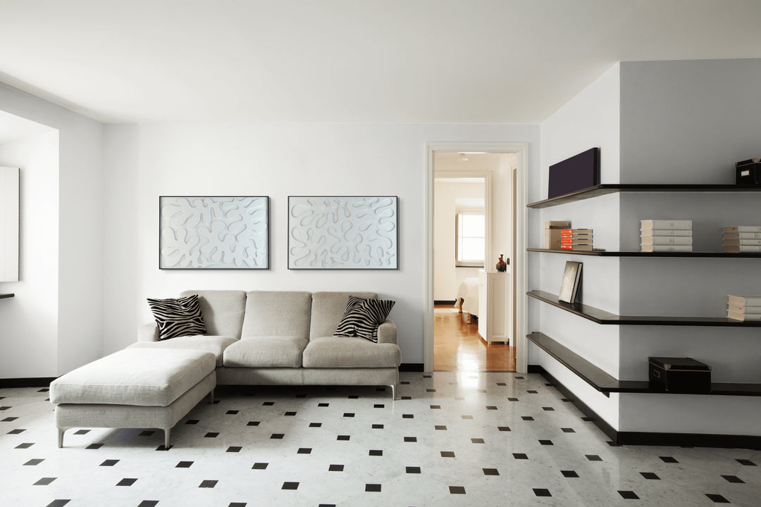 akoestisch schilderij | akoestisch kunstwerk | gebroken wit | 3D | Leaves | Pet vilt | twee | twin | liggend | rechthoekig | moderne woonkamer