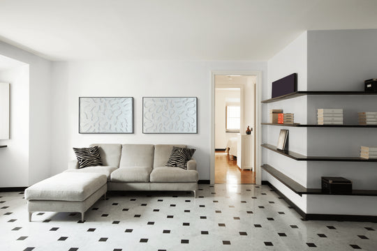 akoestisch schilderij | akoestisch kunstwerk | gebroken wit | 3D | Leaves | Pet vilt | twee | twin | liggend | rechthoekig | moderne woonkamer