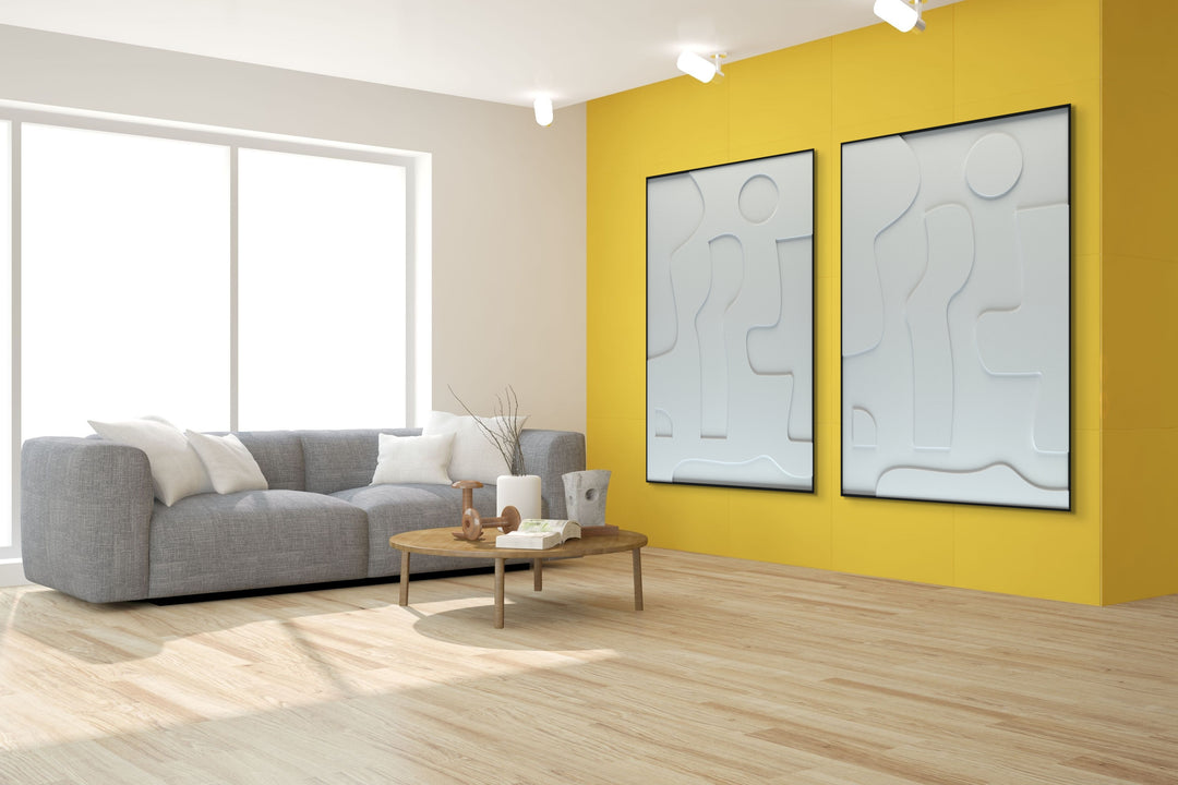 akoestisch schilderij | akoestisch kunstwerk | gebroken wit | 3D | Liv | Pet vilt | twee | twin | staand | rechthoekig | moderne woonkamer