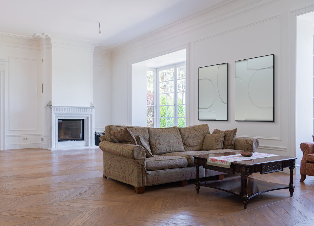 akoestisch schilderij | akoestisch kunstwerk | gebroken wit | 3D | Organic | Pet vilt | twee | twin | staand | rechthoekig | woonkamer