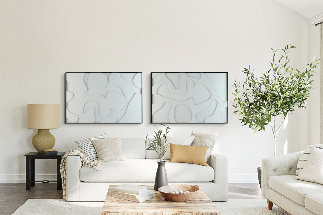 akoestisch schilderij | akoestisch kunstwerk | gebroken wit | 3D | Party | Pet vilt | twee | twin | liggend | rechthoekig | moderne woonkamer