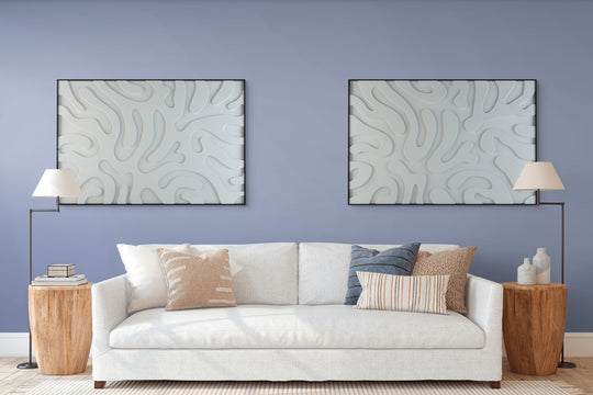 akoestisch schilderij | akoestisch kunstwerk | gebroken wit | 3D | Plants | Pet vilt | twee | twin | liggend | rechthoekig | woonkamer