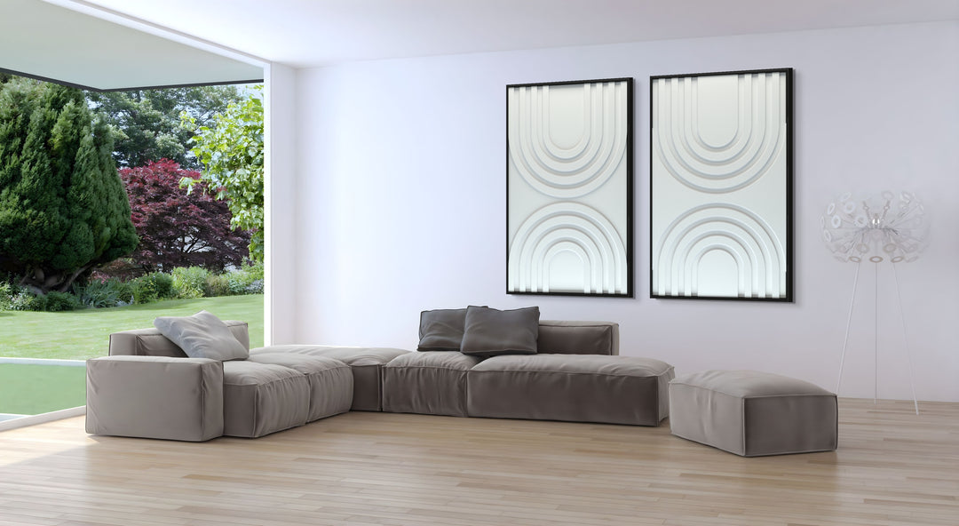 akoestisch schilderij | akoestisch kunstwerk | gebroken wit | 3D | Rainbow | Pet vilt | twee | twin | staand | rechthoekig | moderne woonkamer