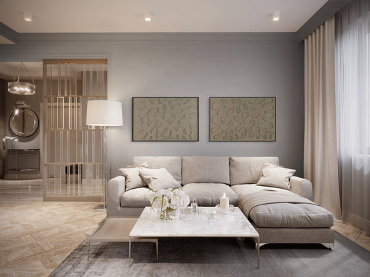 akoestisch schilderij | akoestisch kunstwerk | zand | 3D | Leaves | Pet vilt | twee | twin | liggend | rechthoekig | moderne woonkamer