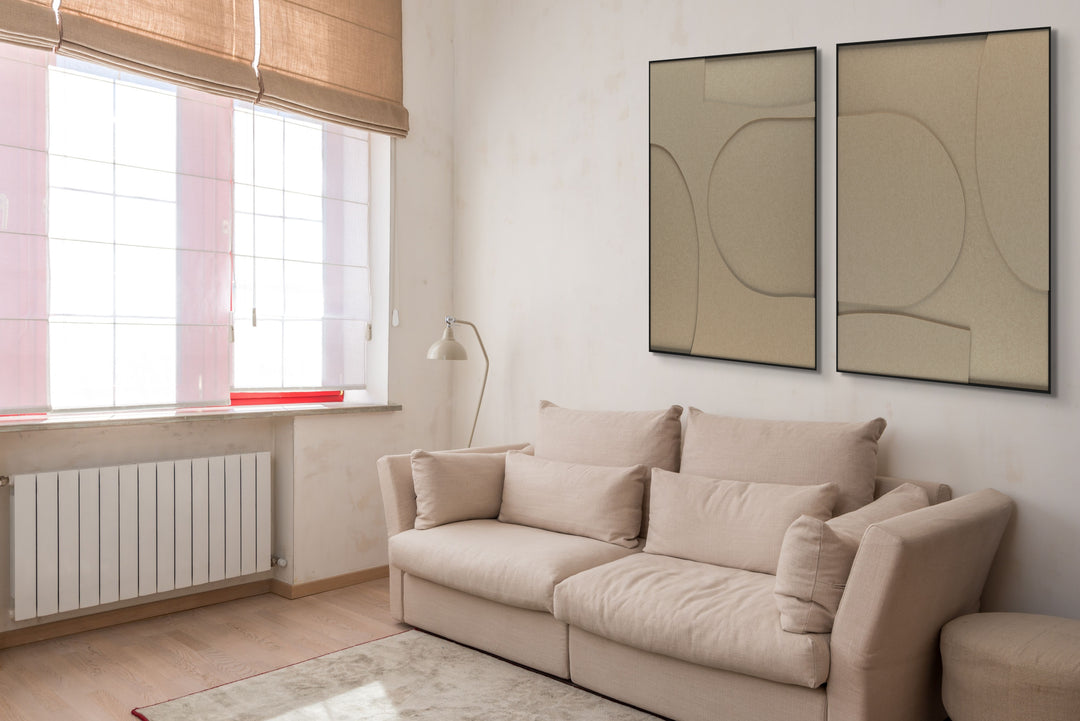 akoestisch schilderij | akoestisch kunstwerk | zand | 3D | Organic | Pet vilt | twee | twin | staand | rechthoekig | woonkamer