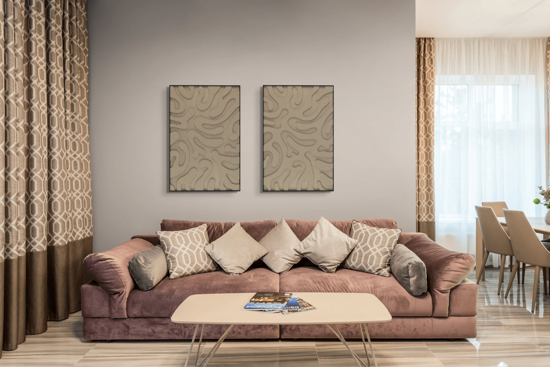 akoestisch schilderij | akoestisch kunstwerk | zand | 3D | Plants | Pet vilt | twee | twin | staand | rechthoekig | woonkamer