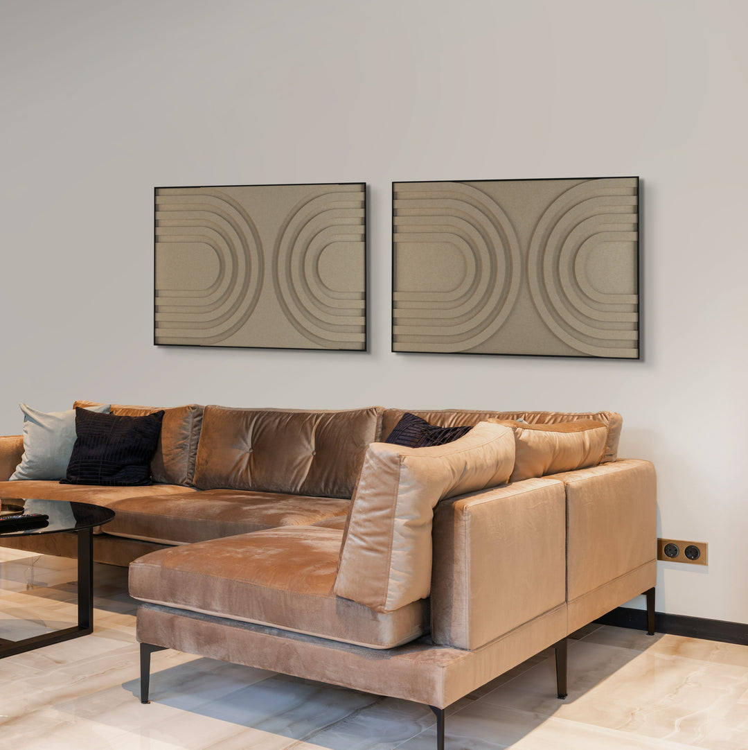 akoestisch schilderij | akoestisch kunstwerk | zand | 3D | Rainbow | Pet vilt | twee | twin | liggend | rechthoekig | woonkamer