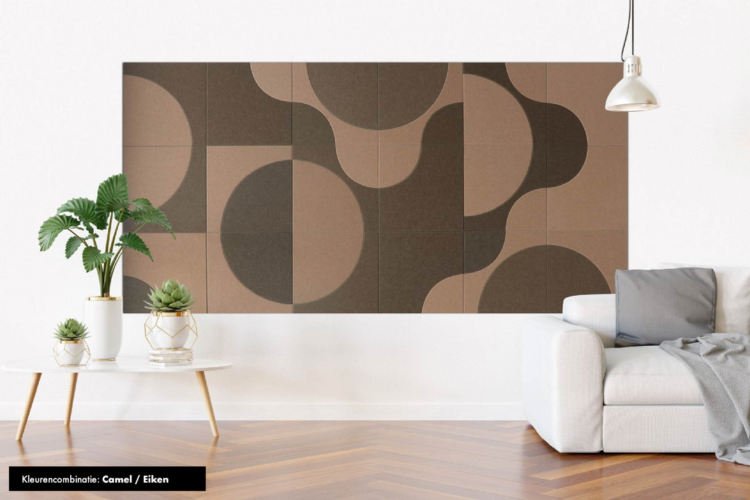 Katie Fifteen akoestische wandtegels Camel/Eiken – stijlvolle vervanging voor akoestische wandpanelen