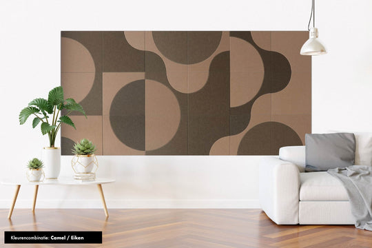Katie Fifteen akoestische wandtegels Camel/Eiken – stijlvolle vervanging voor akoestische wandpanelen
