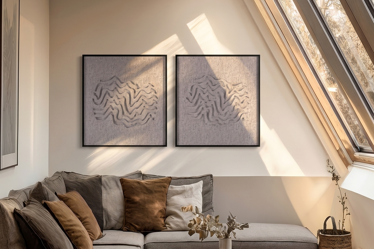 Woonkamer met zachte bank, vloerkleed en akoestische kunstwerken van PET vilt: zo verbeter je de akoestiek zonder panelen
