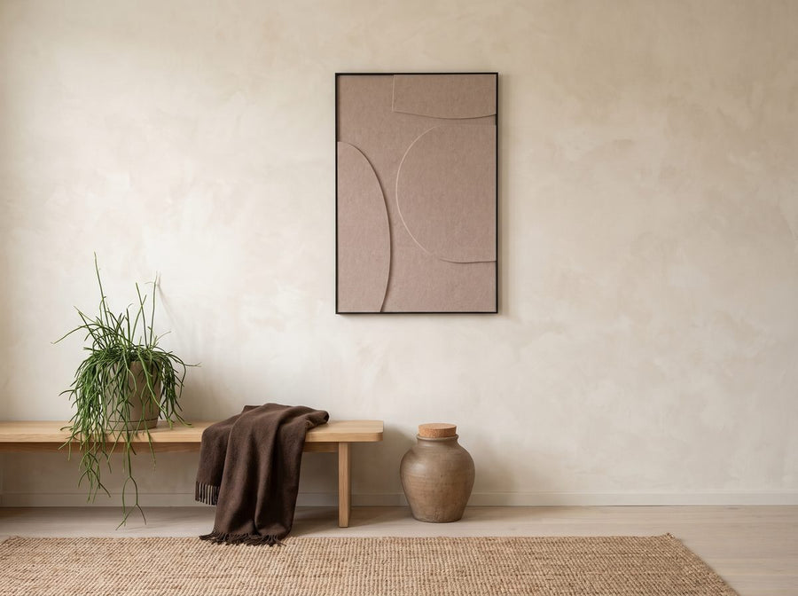 Akoestisch kunstwerk Organic in Zand in een japandi-interieur