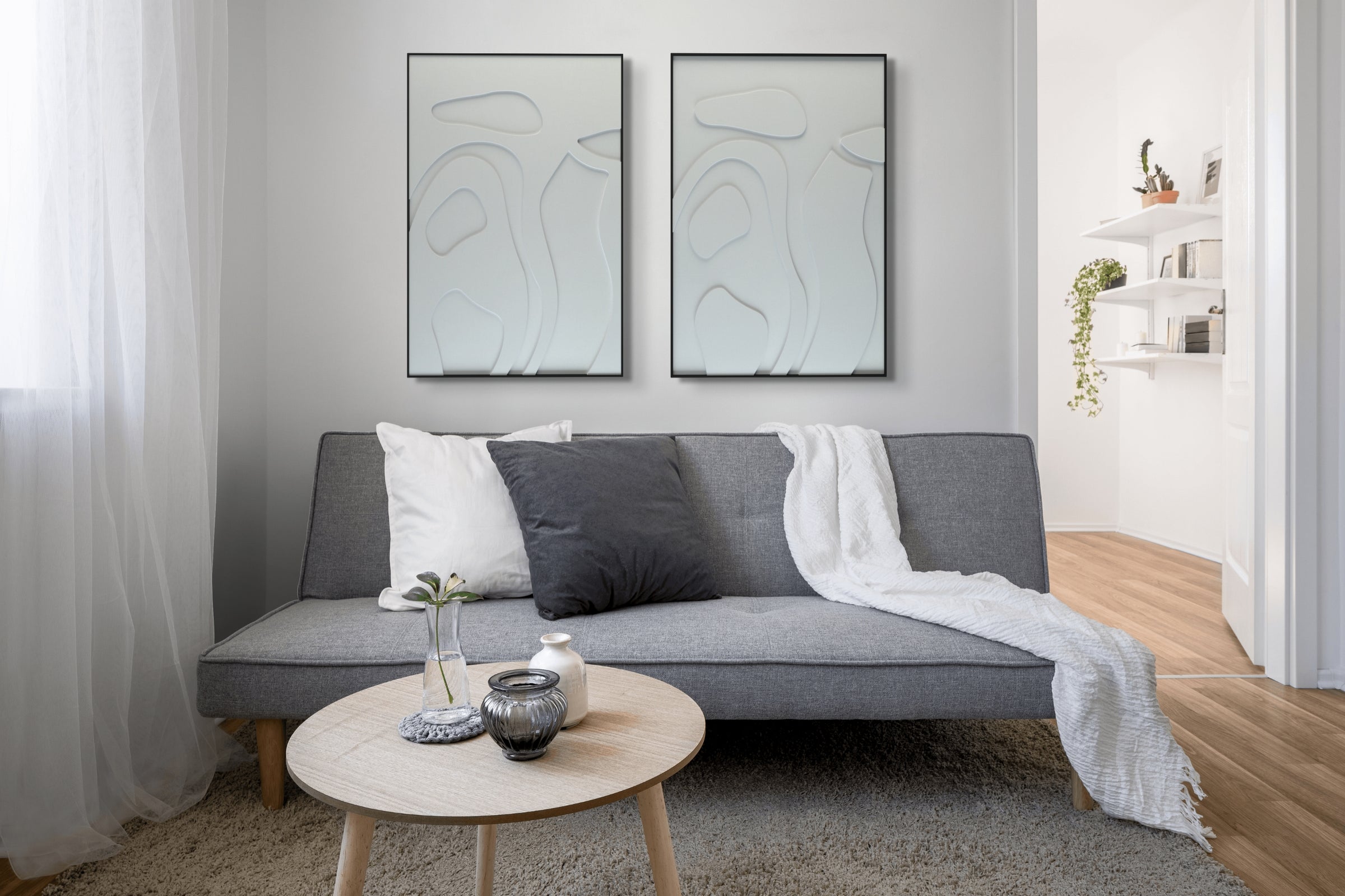 akoestisch schilderij | akoestisch kunstwerk | gebroken wit | 3D | People | Pet vilt | twee | twin | staand | rechthoekig | moderne woonkamer