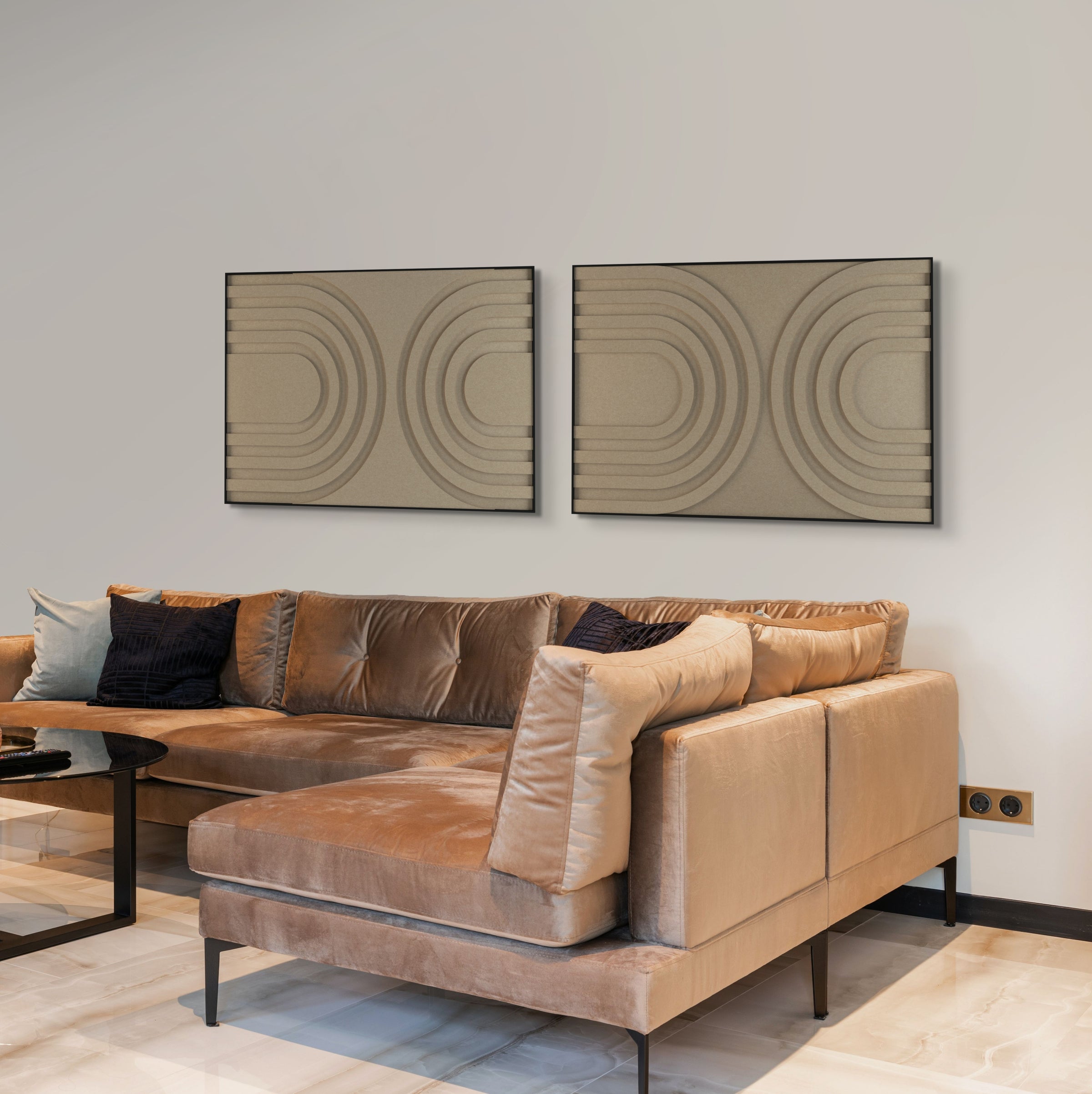 akoestisch schilderij | akoestisch kunstwerk | zand | 3D | Rainbow | Pet vilt | twee | twin | liggend | rechthoekig | woonkamer