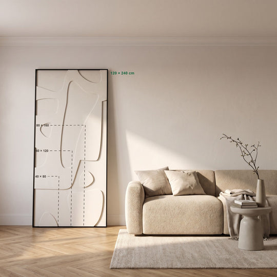Maatweergave: hoe groot de formaten 40 × 80, 60 × 120, 80 × 160 en 120 × 240 cm aan de muur zijn, in een kamer van 260 cm hoog. Het patroon is een voorbeeld.