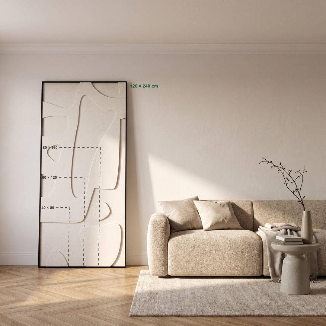 Maatweergave: hoe groot de formaten 40 × 80, 60 × 120, 80 × 160 en 120 × 240 cm aan de muur zijn, in een kamer van 260 cm hoog. Het patroon is een voorbeeld.