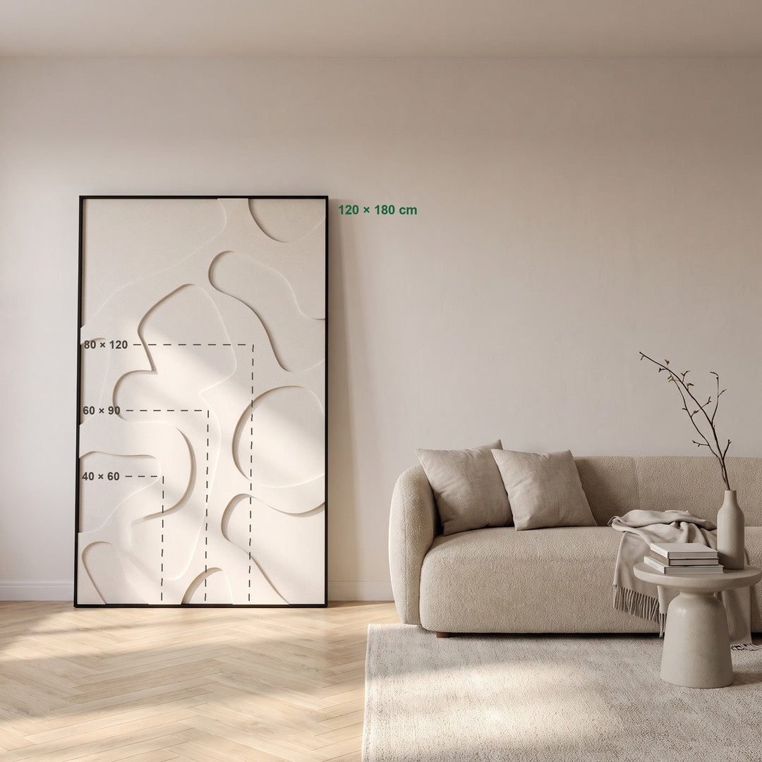 Maatweergave: hoe groot de formaten 40 × 60, 60 × 90, 80 × 120 en 120 × 180 cm aan de muur zijn, in een kamer van 260 cm hoog. Het patroon is een voorbeeld.