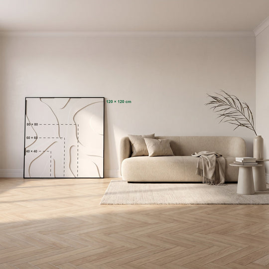 Maatweergave: hoe groot de formaten 40 × 40, 60 × 60, 80 × 80 en 120 × 120 cm aan de muur zijn, in een kamer van 260 cm hoog. Het patroon is een voorbeeld.