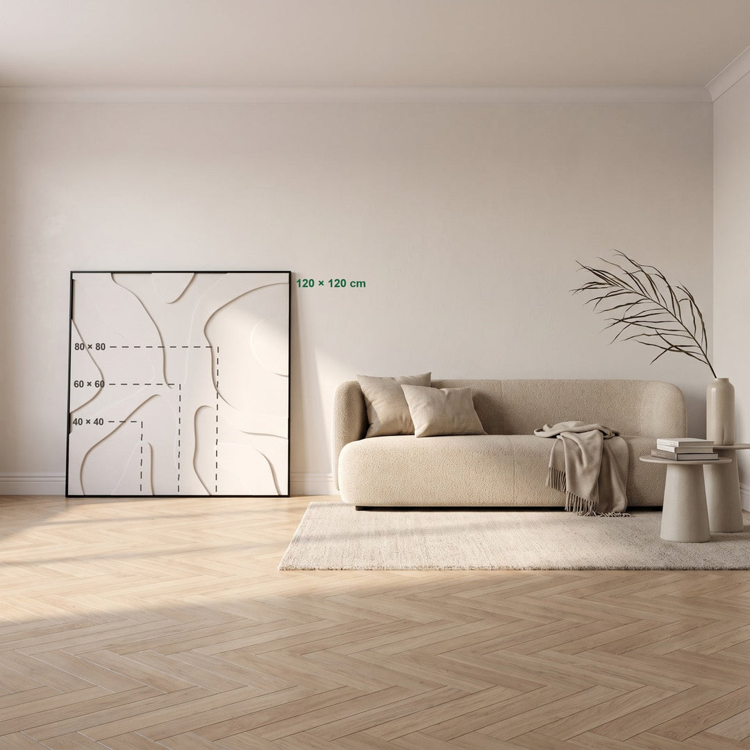 Maatweergave: hoe groot de formaten 40 × 40, 60 × 60, 80 × 80 en 120 × 120 cm aan de muur zijn, in een kamer van 260 cm hoog. Het patroon is een voorbeeld.